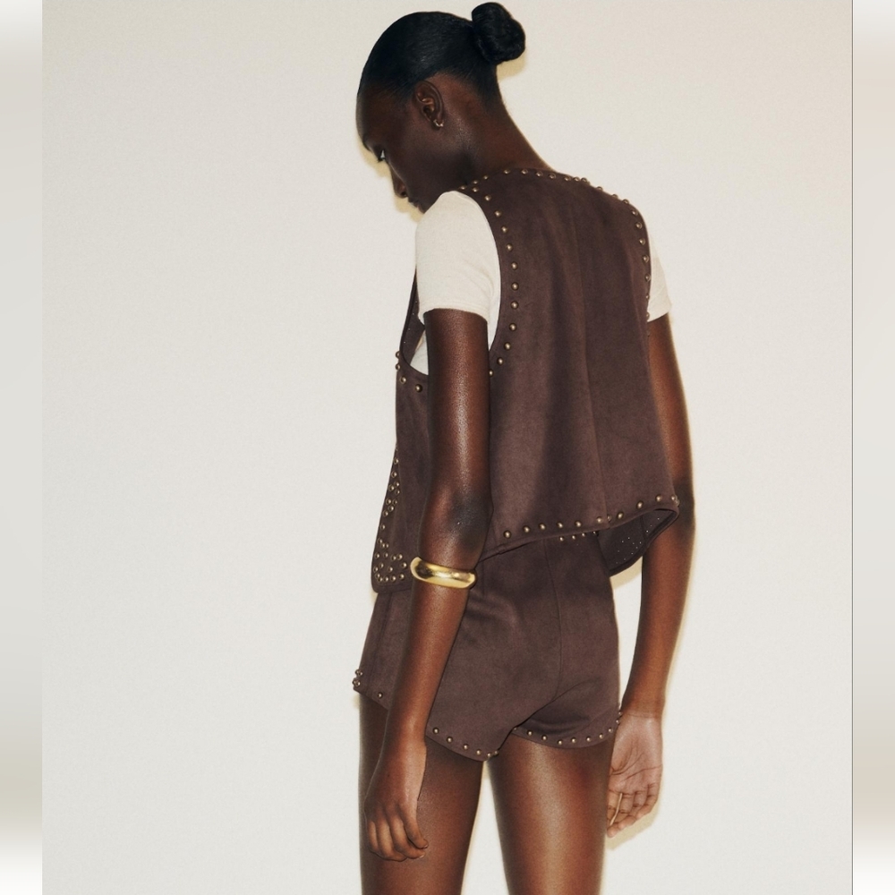 ZARA CHOCOLATE/BROWN STUDDED FAUX SUEDE VEST ✨️✨️✨️ - Picture 4 of 8